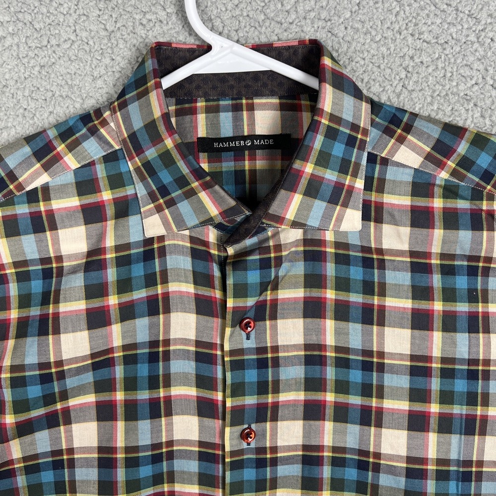 Hammer Made Dress Shirt Mens size 16.5 Multicolor Plaid Flip Cuff Colorful - Picture 2 of 13